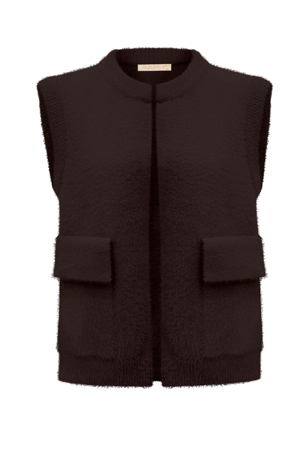 Triple Nine TR9001 fluffy gilet donkerbruin voorkant met ronde hals en klepzakken